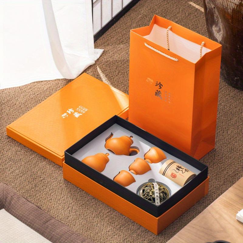1 комплект из 7 шт., керамический чайный сервиз в китайском стиле, благородный оранжевый чайник и чашки, подарочная коробка, аксессуары для чая кунг-фу с курильницей и канистрой для чая, домашний Gath