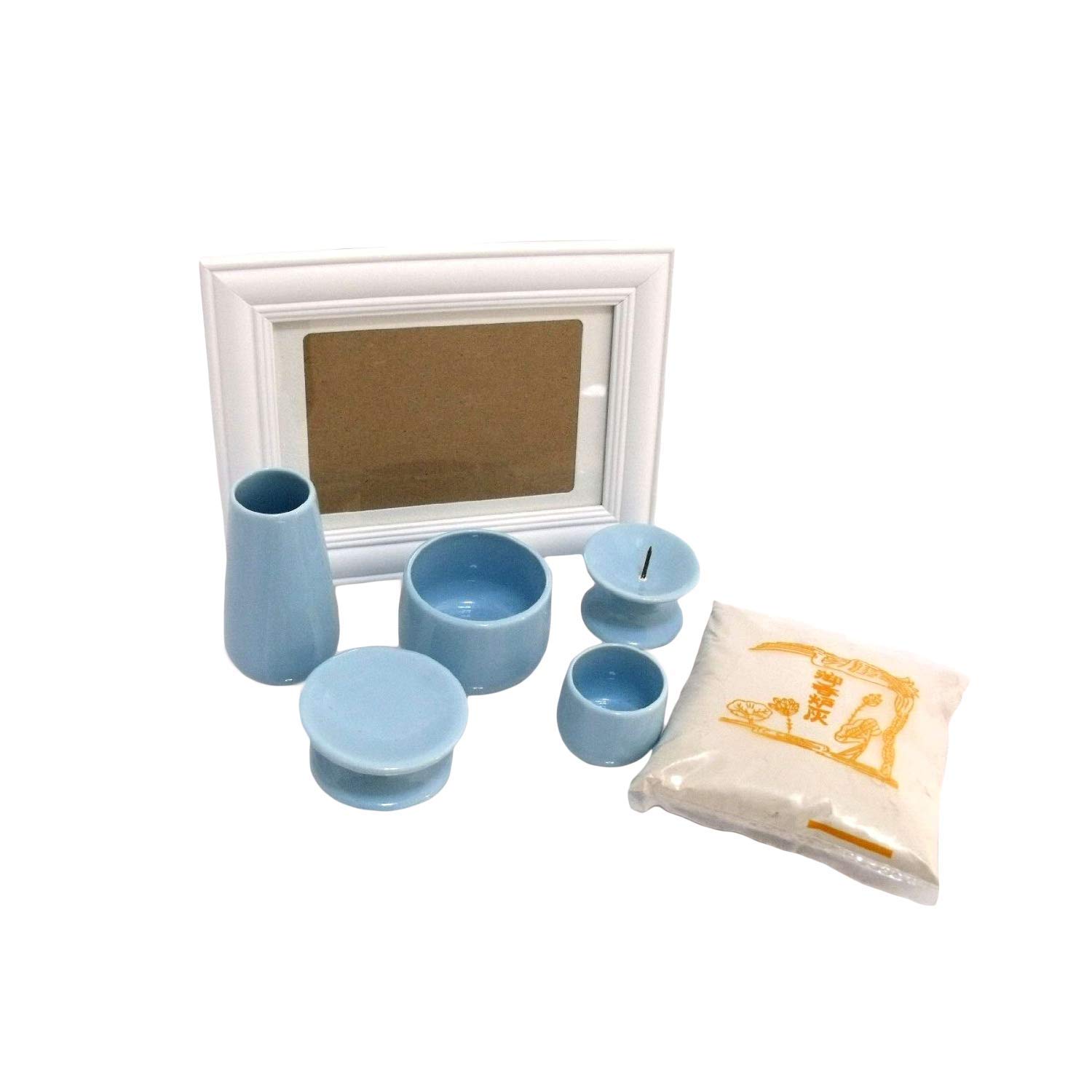 Буддийский набор утвари с благовониями, курильницей для благовоний, свечой, подношением, фото, синий, 7 предметов: курильница, пепел, держатель, ваза, чайная чашка, подставка, подставка,